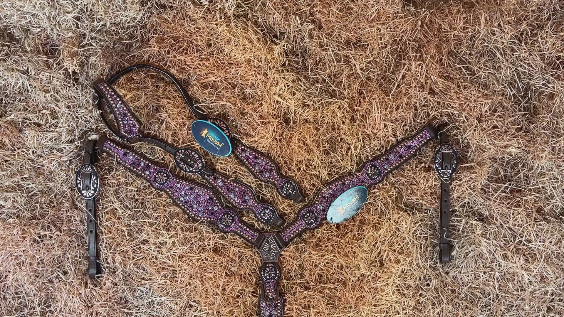 MOUSM Western Headstall and Breast Collar Set Decorated with AB Rhinestones and Surrounded by Studs on Pink Crocodile Skin-Textured Pattern Inlay.