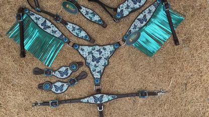 MOSUM Western Leather Horse Tack Set - Headstall &amp; Breast Collar Decorated with Turquoise &amp; Royal Blue Butterfly Print, Turquoise Metallic Fringe