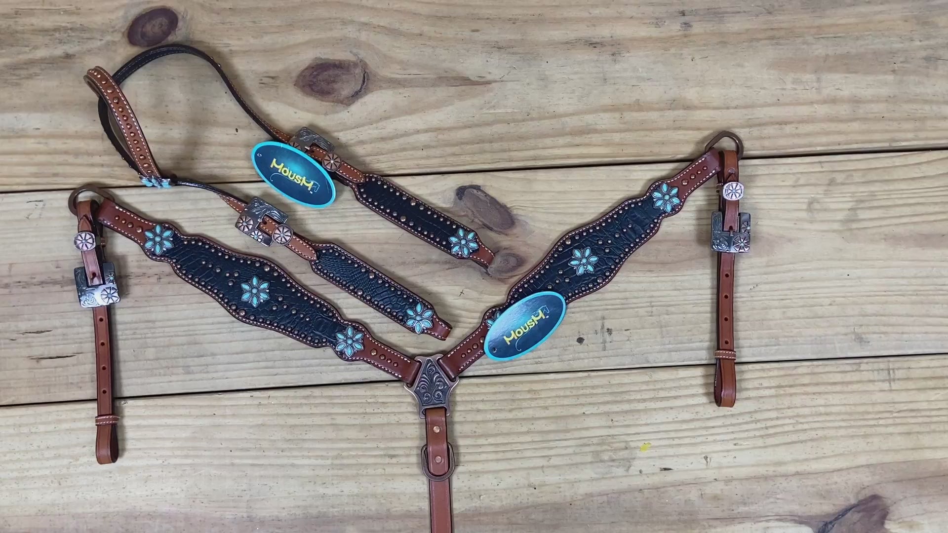 One Ear Western Headstall with Black Alligator Design and Antique Copper Hardware
