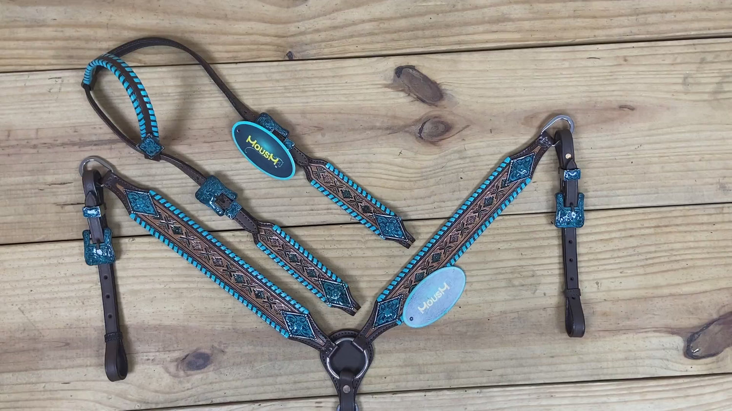 western headstall set with antique nickel hardware and turquoise stitching with beautiful carving