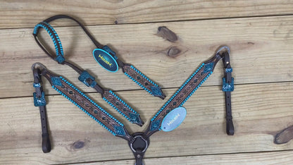 western headstall set with antique nickel hardware and turquoise stitching with beautiful carving