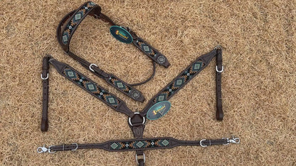 MOUSM Western Browband Headstall &amp; Breast Collar Set – Argentina Cow Leather with Hand-Beaded Inlay &amp; Antique Silver Conchos