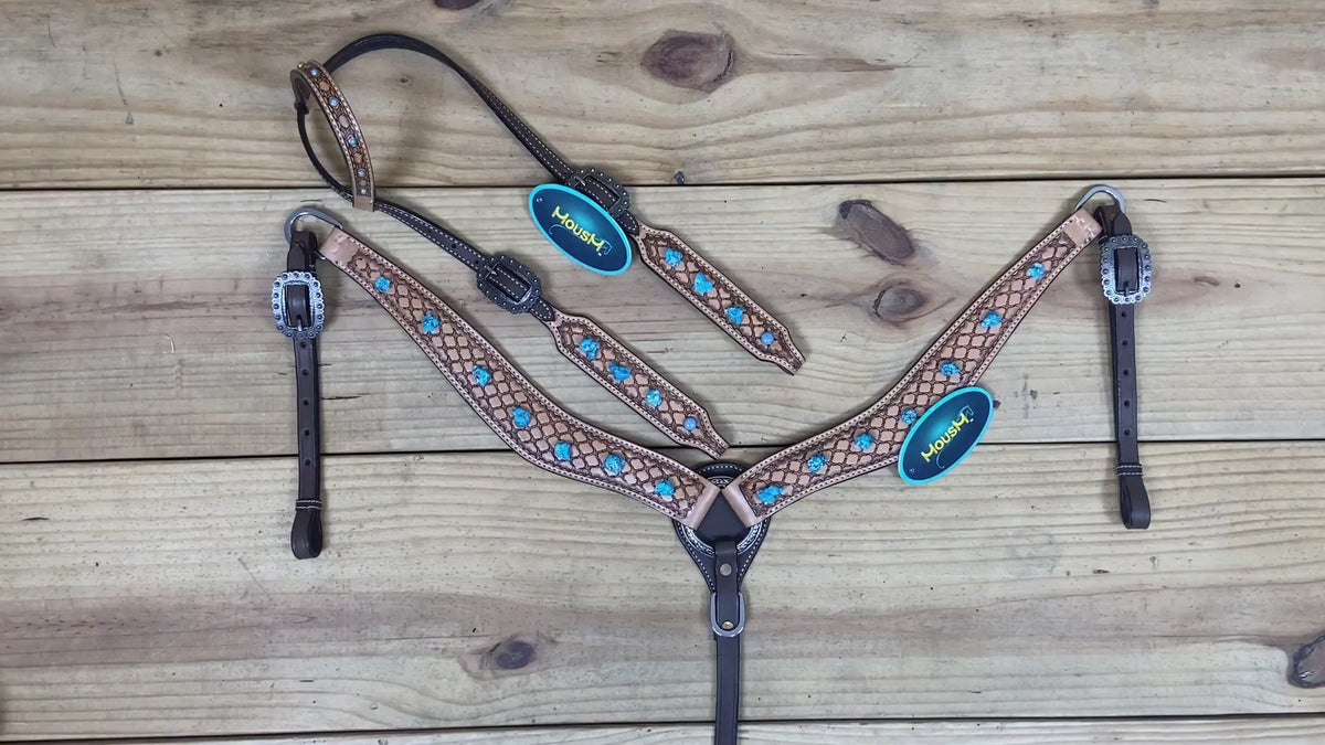 handcrafted western leather set with window tooling, big turquoise stone, and antique hardware