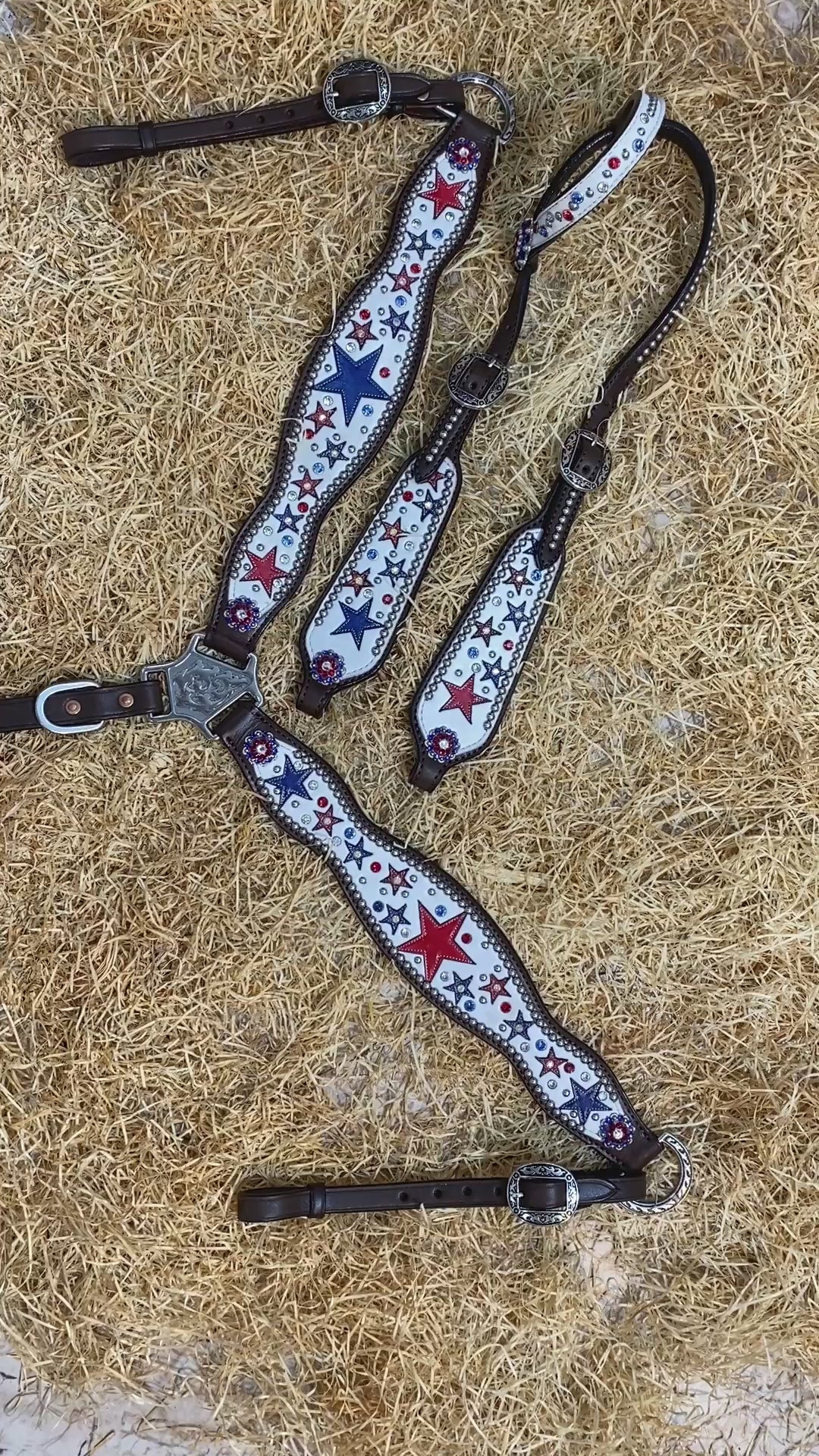 Patriotic Red &amp; Royal Star Design Western Headstall Tack Set