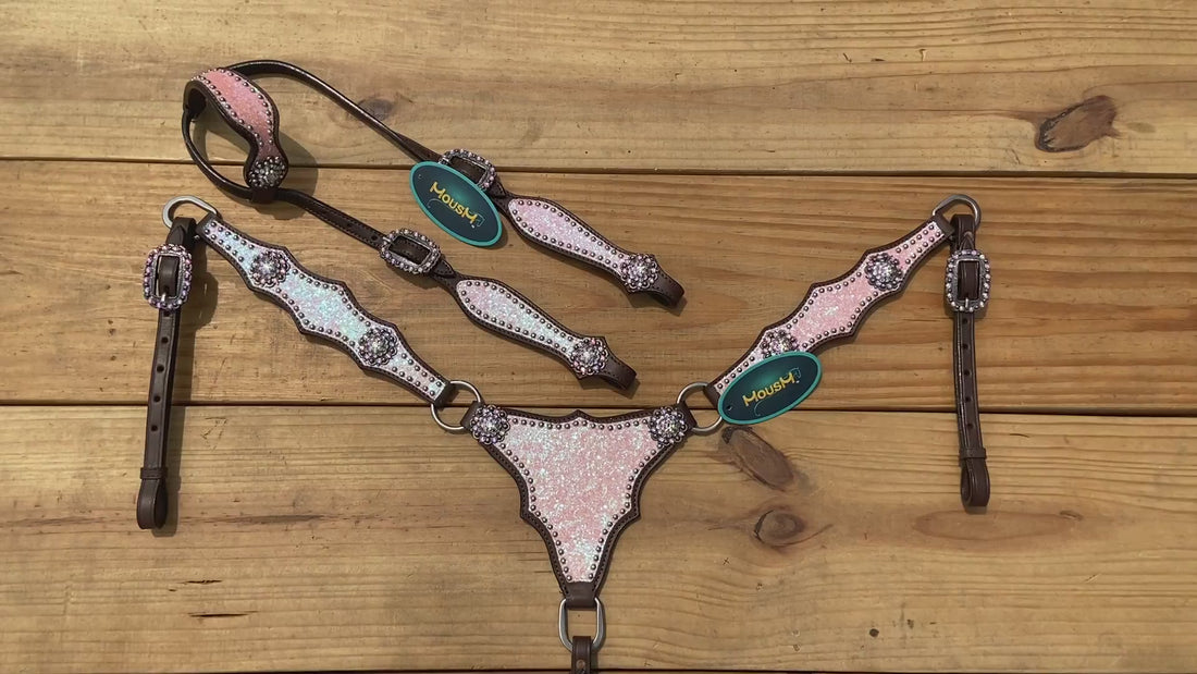 Light Pink Glitter Western Horse Tack Set with Alligator Design and Rhinestone Conchos