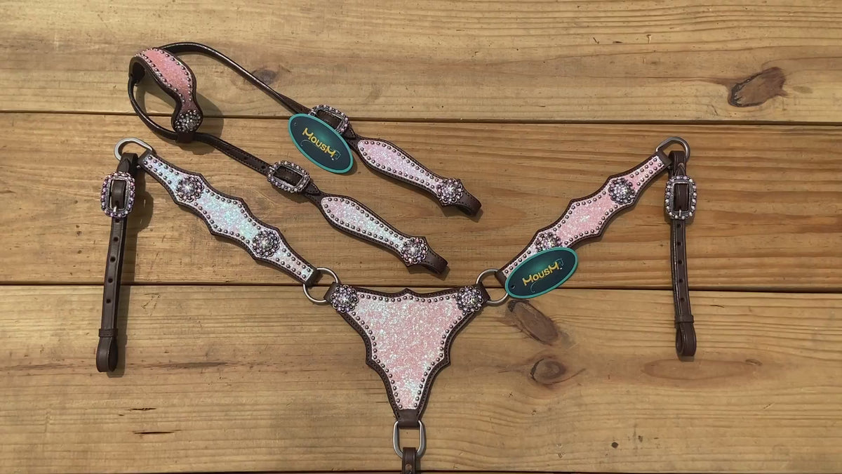 Light Pink Glitter Western Horse Tack Set with Alligator Design and Rhinestone Conchos