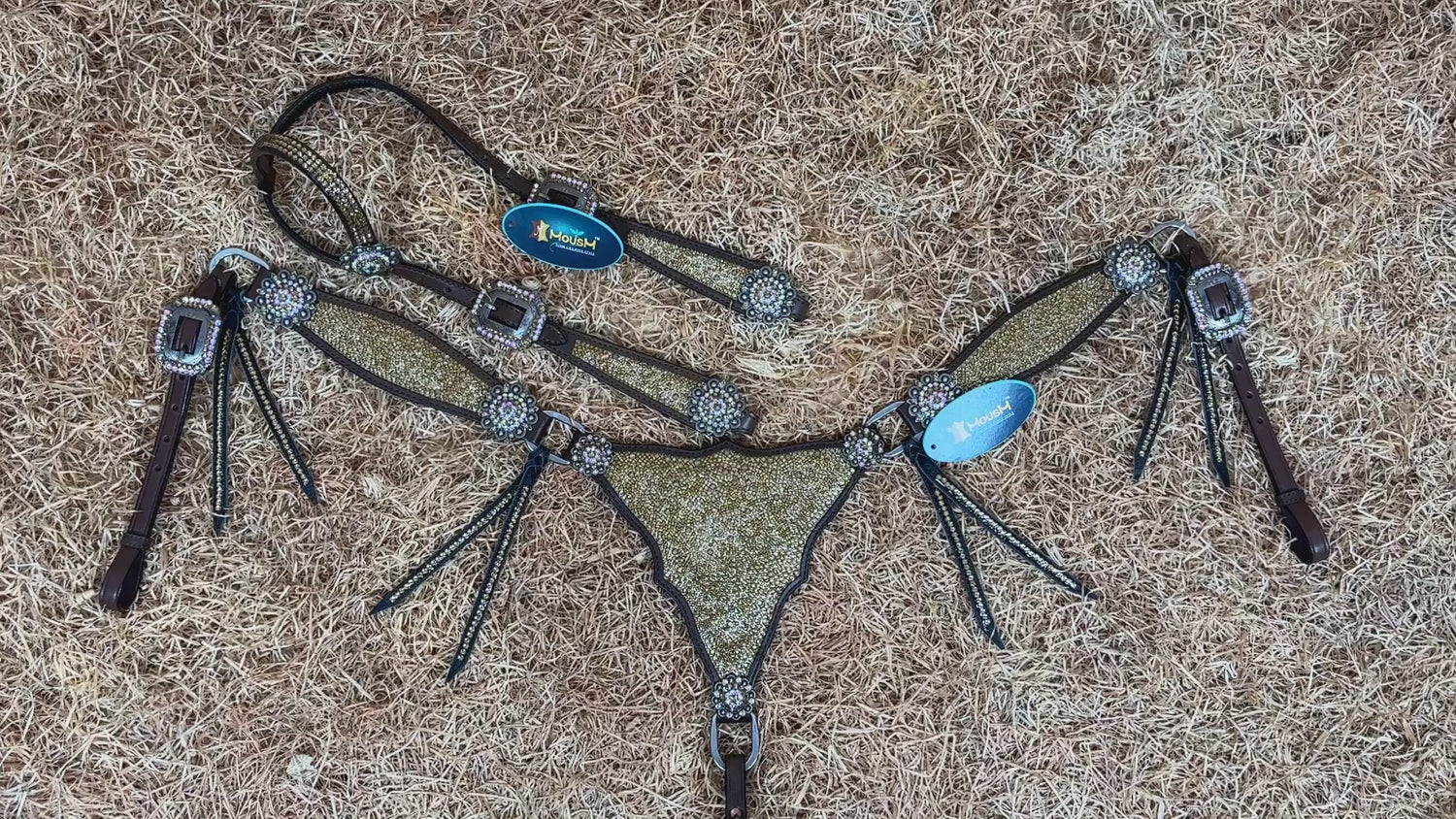 MOUSM Western Headstall and Breast Collar Set – Argentina Cow Leather Horse Tack Set Decorated with Topaz Rhinestones on Gladiator Breast Collar with Roping and Bling Conchos