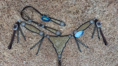 MOUSM Western Headstall and Breast Collar Set – Argentina Cow Leather Horse Tack Set Decorated with Topaz Rhinestones on Gladiator Breast Collar with Roping and Bling Conchos