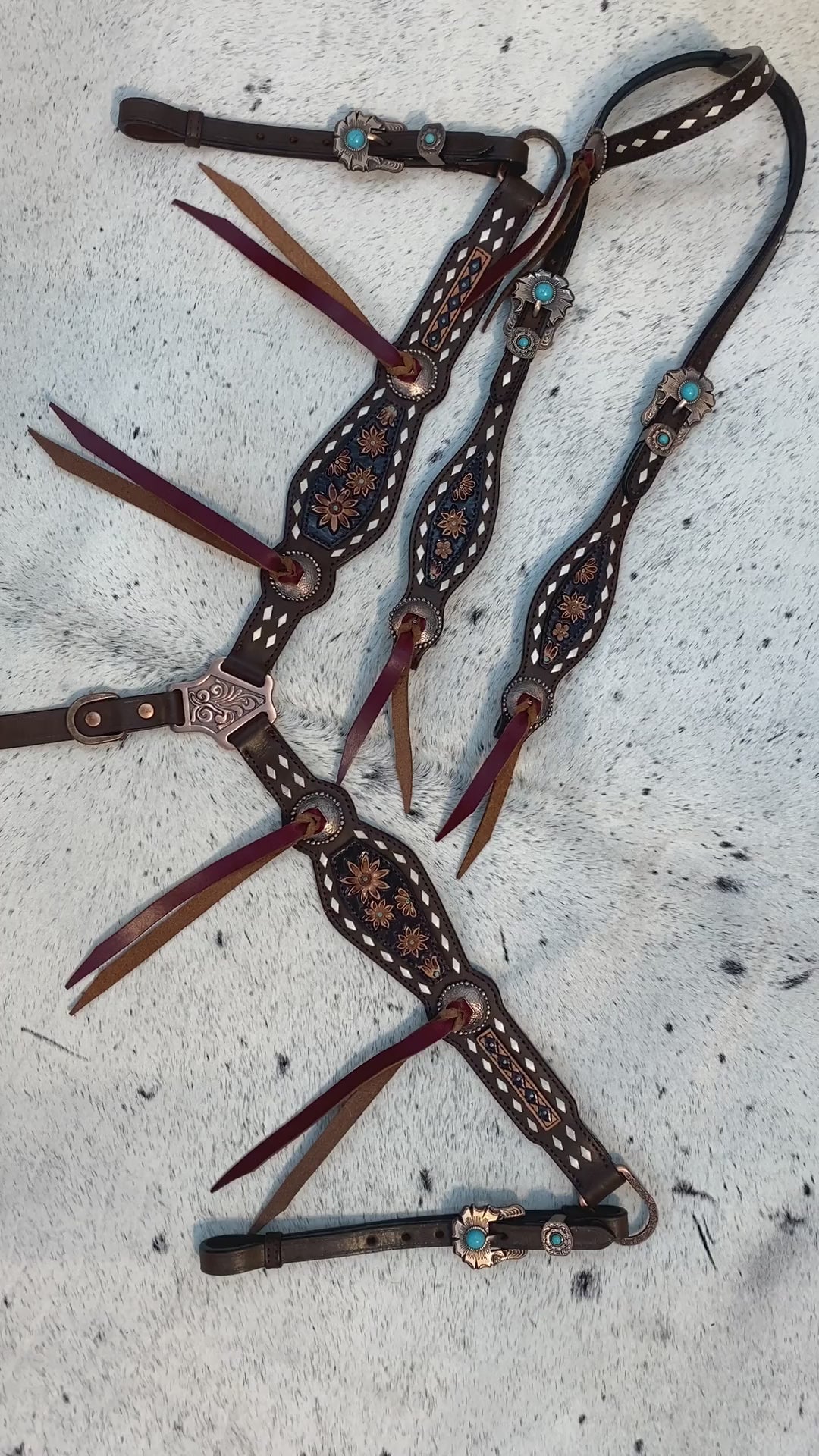 Leather Laces Horse Headstall Set Hand Carved Floral Design