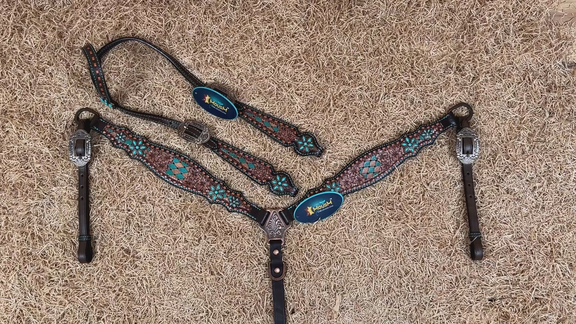 MOUSM Argentina Cow Leather Western Tack Set, Western Headstall &amp; Breast Collar Set Hand-Painted Floral &amp; Geometric Detailing
