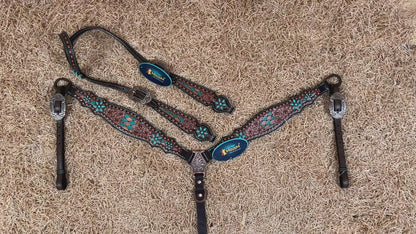 MOUSM Argentina Cow Leather Western Tack Set, Western Headstall &amp; Breast Collar Set Hand-Painted Floral &amp; Geometric Detailing