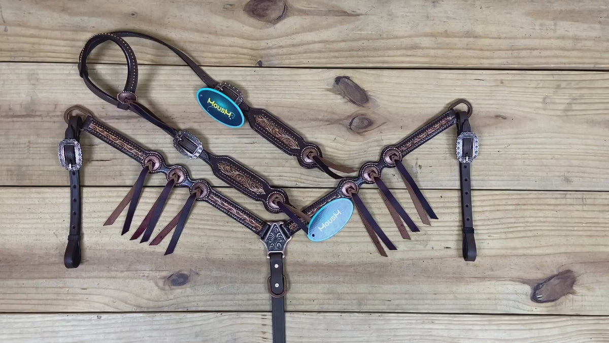 Western headstall and breast collar set with hand carved border design tiny copper studs and slot conchos