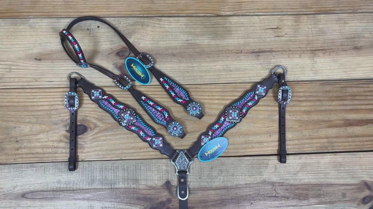 Western Leather Headstall and Breast Collar tack Set decorated with  Big Bling Conchos and Pink teal white raw hide braiding with pink alligator inlay