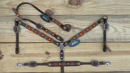 MOUSM Western Headstall and Breast Collar with Wither Strap Tack Set - Argentina Cow Leather Horse Tack Set with Intricate Geometric Vibrant Colour Hand Beaded Work, Antique Nickel Hardware