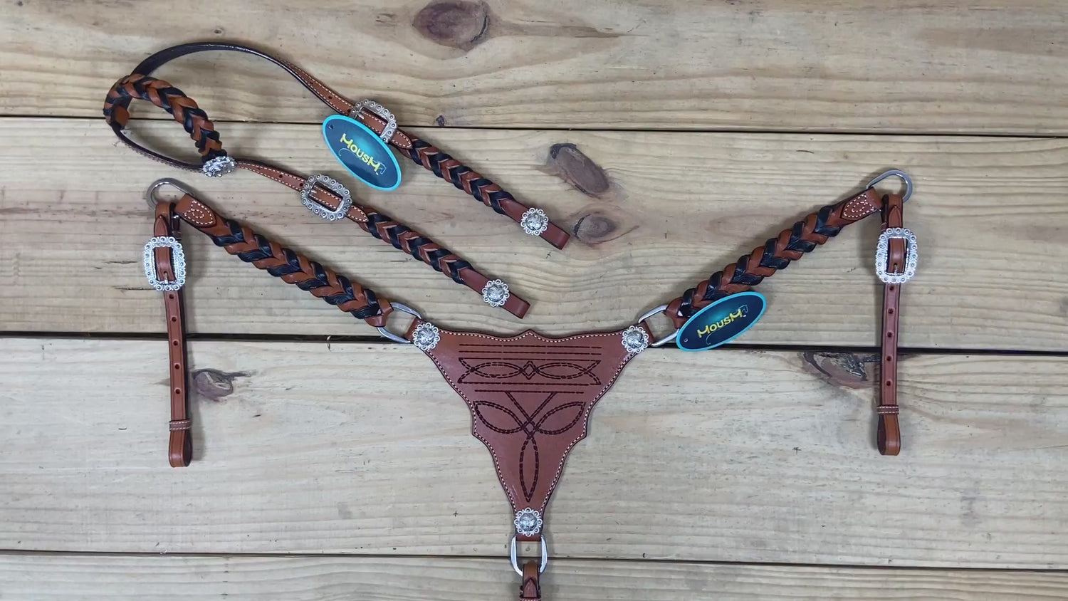 Western Headstall Set Decorated with Twisted Leather Braiding on Cheekpiece and One Ear, Cowboy Boot Engraved Gladiator Breast Collar MOUSM
