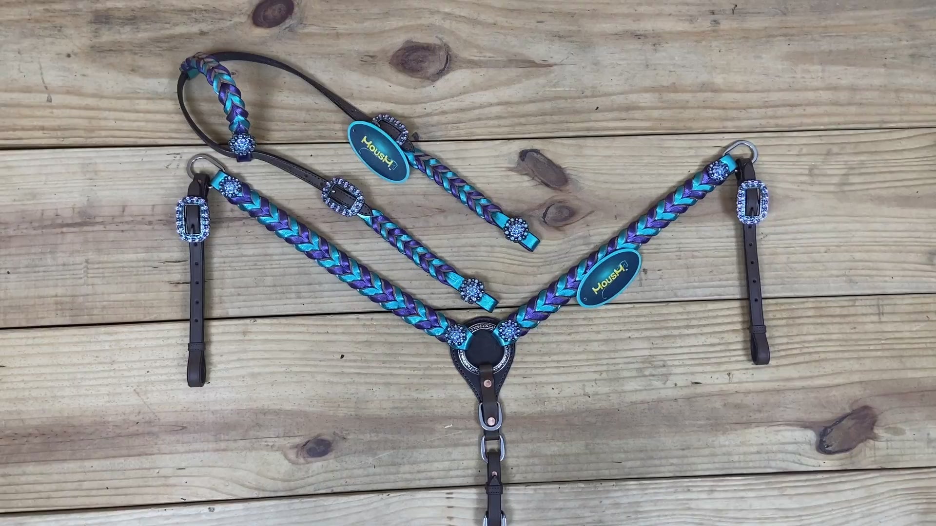 one ear twisted leather headstall and breast collar set in metallic purple and teal