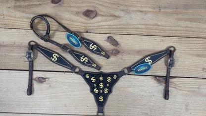 headstall and breast collar handcrafted with 3D golden dollar sign, dazzle detailing, and durable antique brass hardware