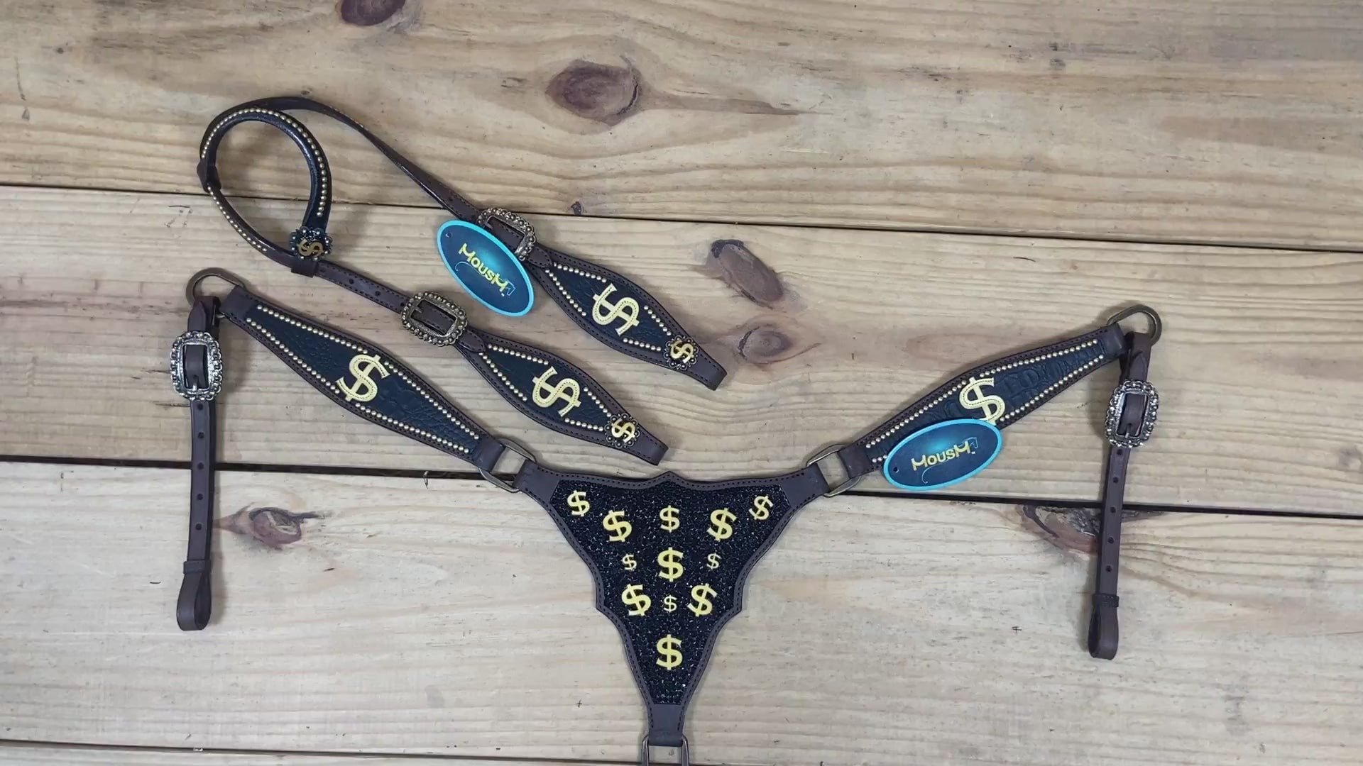 headstall and breast collar handcrafted with 3D golden dollar sign, dazzle detailing, and durable antique brass hardware