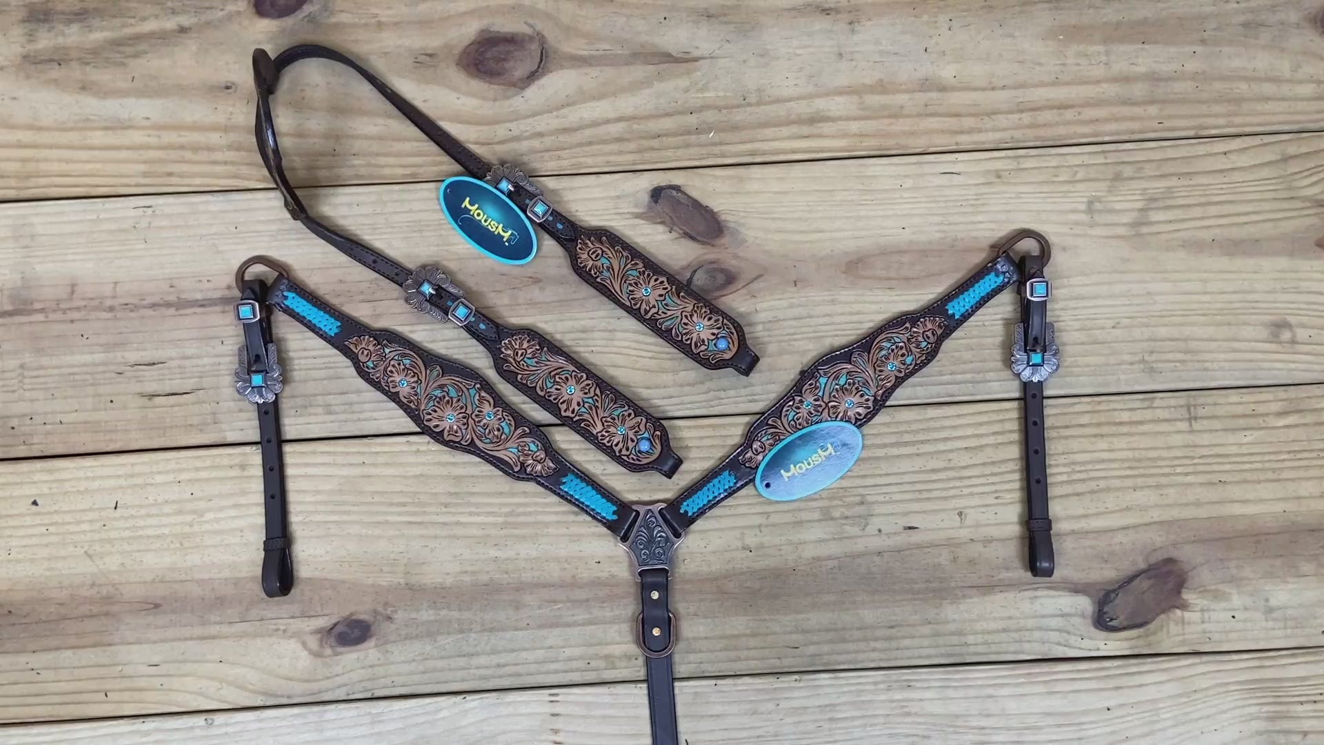 western headstall set flower filigree carving with turquoise criss cross rawhide braiding and leather inlay 