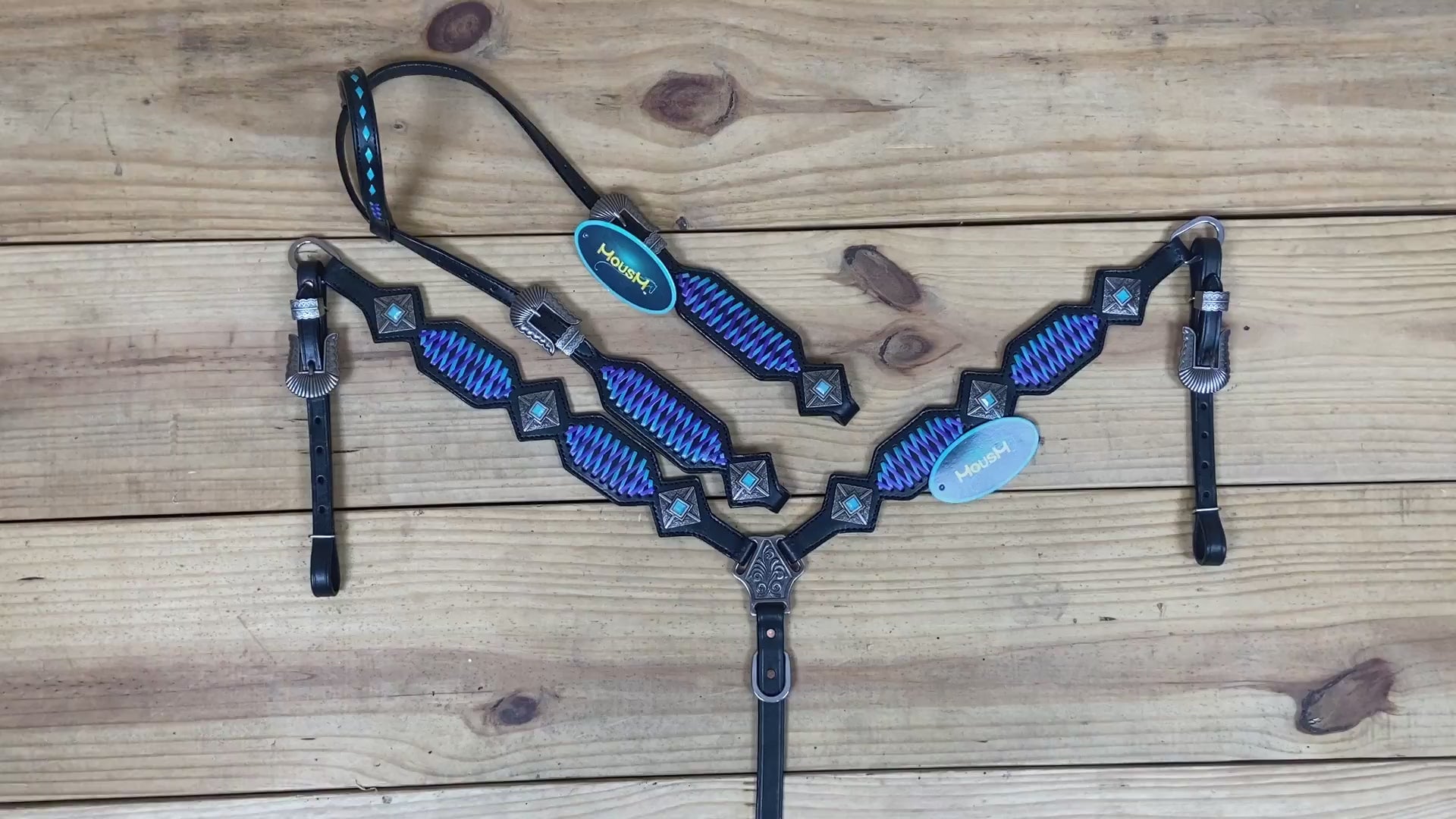 full-size horse western tack set with one ear headstall, turquoise stitching, and bold crisscross braided design