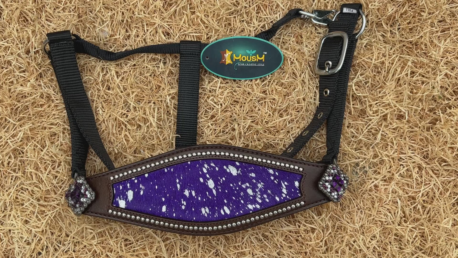 MOUSM Argentina Cow Leather Bronc Halter - Western Horse Noseband Decorated with Purple Metallic Acid Wash Cowhide and Rhinestones Conchos