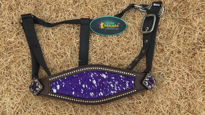 MOUSM Argentina Cow Leather Bronc Halter - Western Horse Noseband Decorated with Purple Metallic Acid Wash Cowhide and Rhinestones Conchos