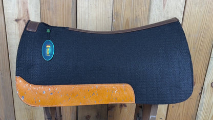 MOSUM Western Saddle Pad - Saddle Pad for Horses Synthetic Wool Blend Black Felt with Orange Acid Wash Hair on Cowhide Leather Patch, Comfort Pad for Horses