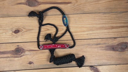 MOUSM Nylon Mule Halter for Horse – Decorated with Red Acid Wash Hair on Cowhide Leather Noseband 1.5&quot; Inches Wide and Crystal Rhinestone Concho, 7.5&