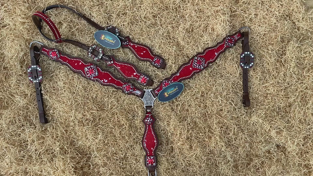 Red Acid Wash Cowhide Headstall and Breast Collar Set