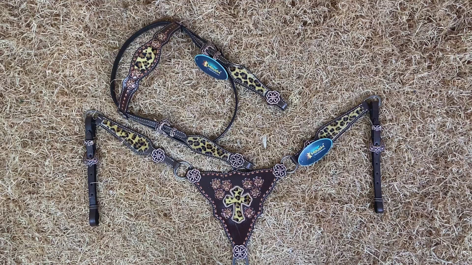 MOUSM Browband Headstall and Breast Collar Set – Gladiator-Style Breast Collar with Leopard Print Cowhide Cross Cutout Leather Patch, Flower Tooling, Rhinestones, and Fancy Concho