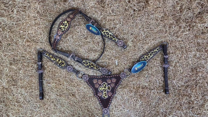 MOUSM Browband Headstall and Breast Collar Set – Gladiator-Style Breast Collar with Leopard Print Cowhide Cross Cutout Leather Patch, Flower Tooling, Rhinestones, and Fancy Concho