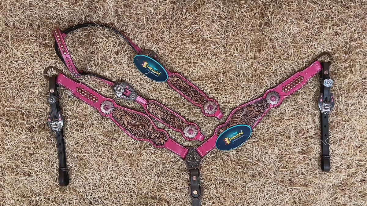 MOUSM Western Headstall and Breast Collar Set Decorated on Pink Leather Flower Leaf Tooling and Copper Metal Beads with Flower Conchos.