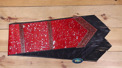MOUSM Real Cowhide Table Runner - 72x12 Inches – Handcrafted with Argentina Cow Leather, Red Metallic Acid Wash, Tooled V-Shaped Corners and Dividing Patch for Bowl Placement, Black Fringe Edges