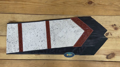 MOUSM Leather Table Runner - 72x12 Inches – Made from Genuine Argentina Cowhide, Decorated with White Metallic Acid Wash, Tooled V-Shaped Corners and Dividing Patch for Bowl Placement, Black Fringe Edges