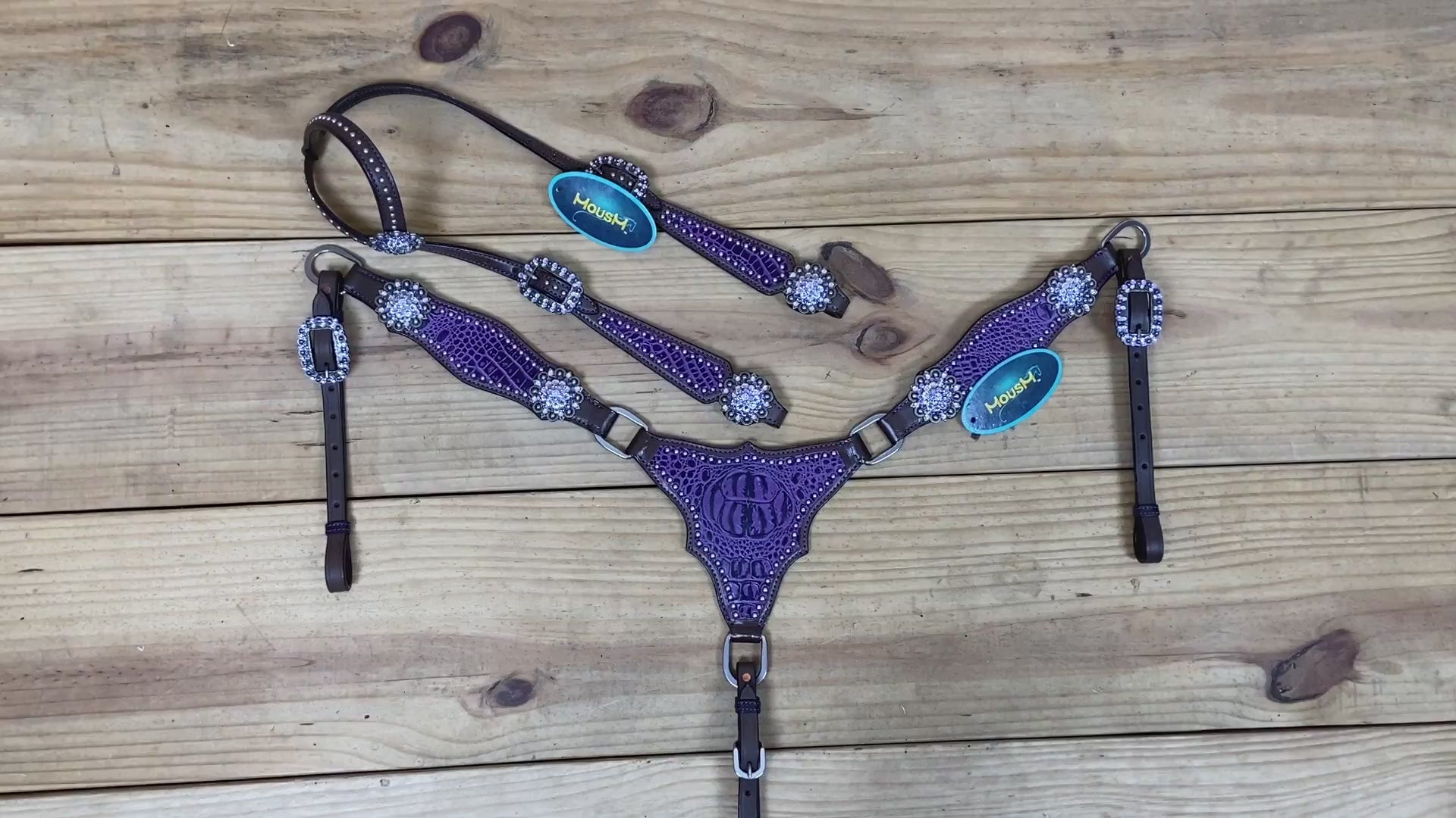 purple alligator skin textured printed horse tack with silver studs and big rhinestone berry conchos