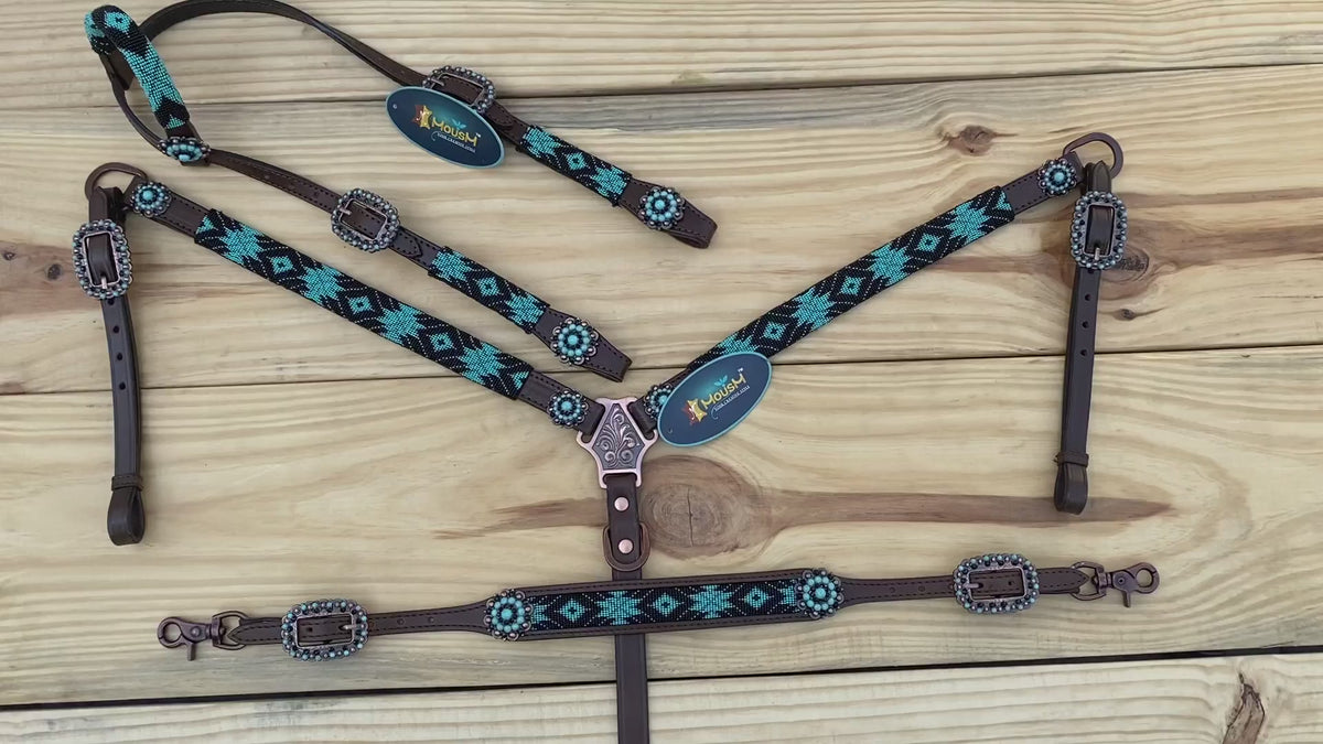 Hand-Beaded Turquoise &amp; Brown Inlay Headstall Tack Set
