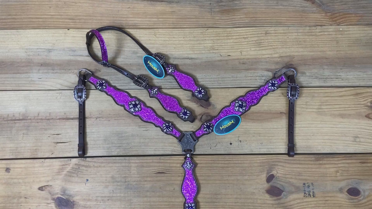 Purple Glitter Headstall and Breast Collar Set with Silver Studs