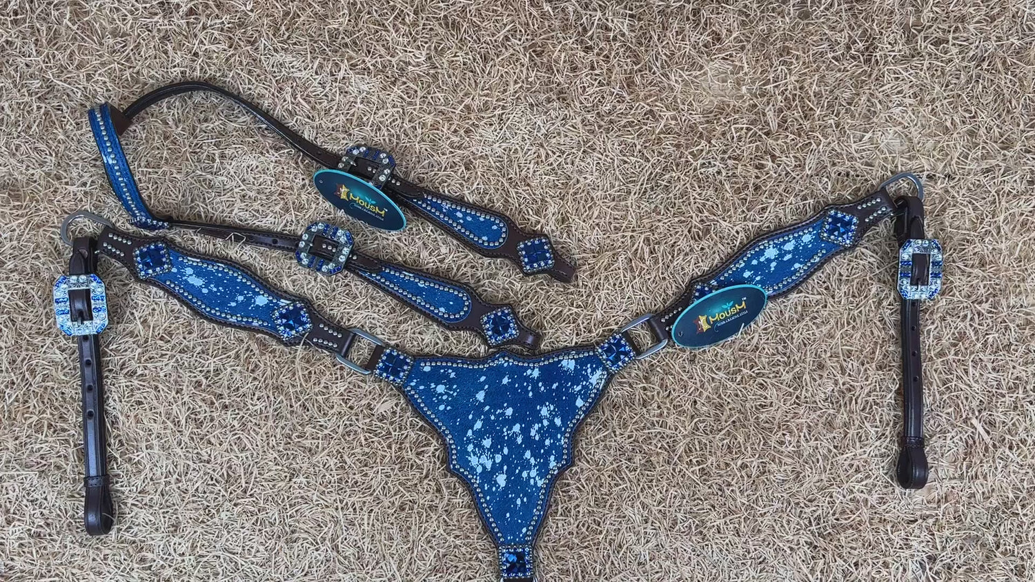 MOUSM Western Headstall &amp; Breast Collar Set – Made with Genuine Argentina Cow Leather Decorated Middle Leather Patch with Royal Blue Metallic Acid Wash Cowhide