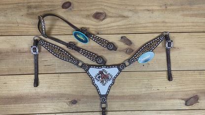 western headstall Set with running horse print and rawhide buck stitching