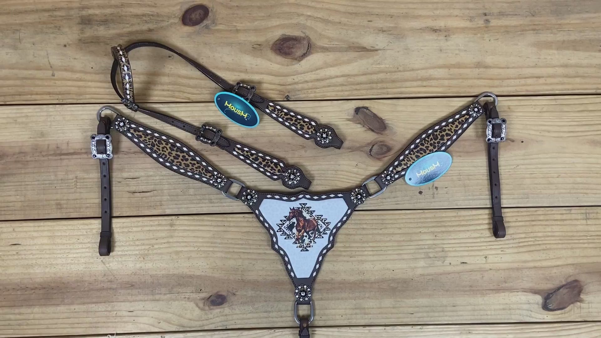 western headstall Set with running horse print and rawhide buck stitching
