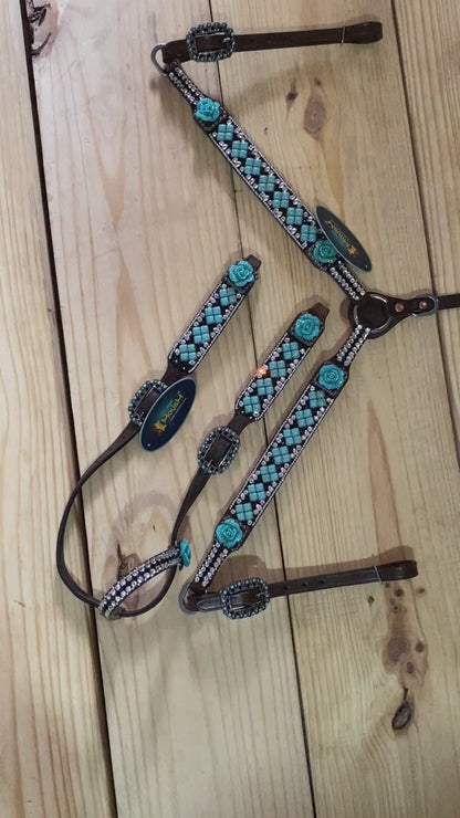MOUSM Argentina Cow Leather Headstall &amp; Breast Collar Set – Western Horse Tack Decorated with Turquoise Stone and Shining Rhinestones Work and  3D Rose Flower