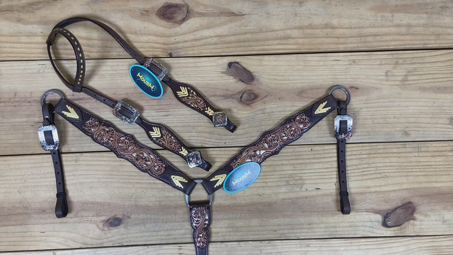 Western Leather Headstall and Breast Collar Tack Set Decorated with Flower Filigree Carving, Golden Rawhide Braiding, and 3 Tone Feather Hardware MOUSM