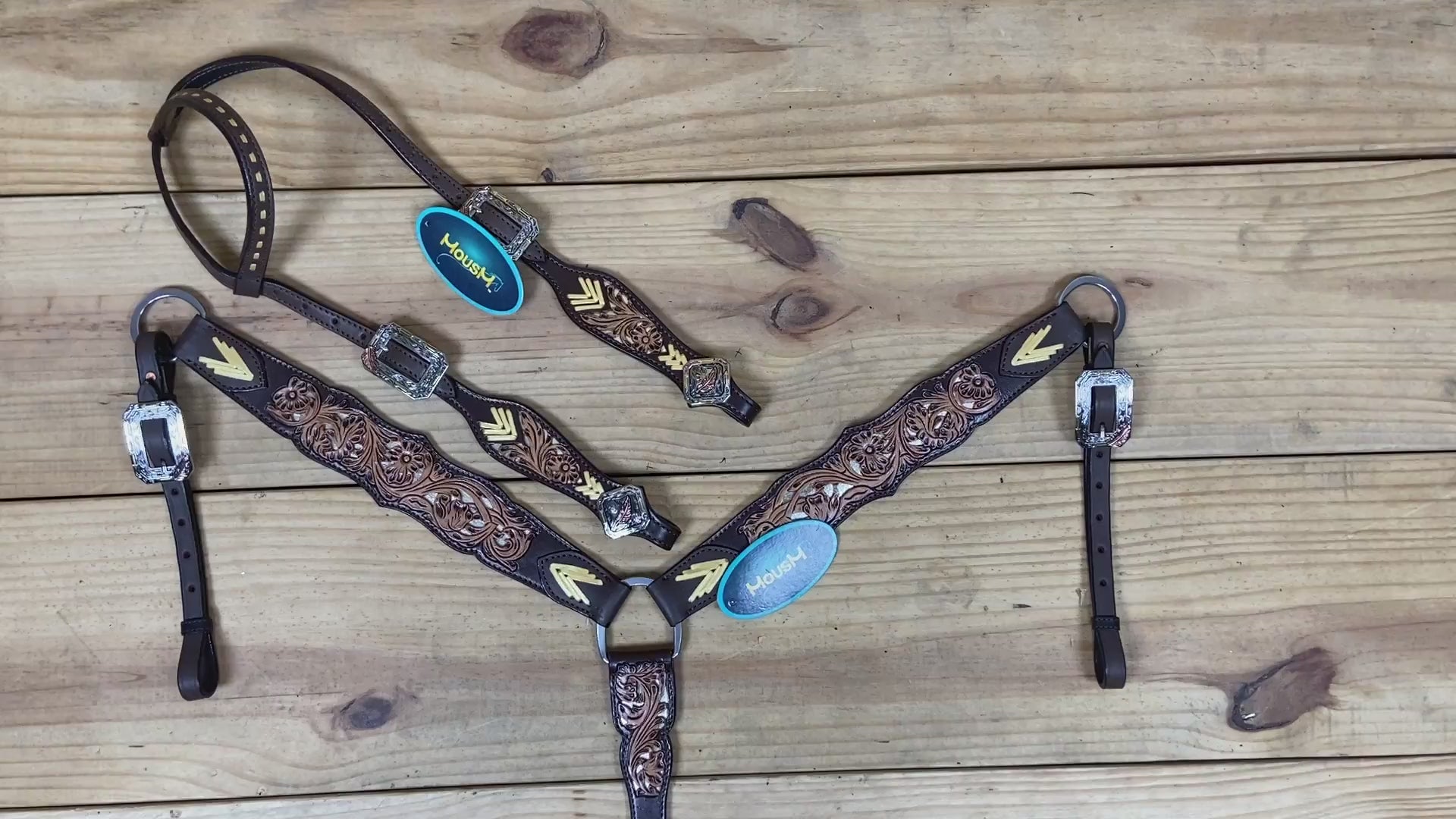 Western Leather Headstall and Breast Collar Tack Set Decorated with Flower Filigree Carving, Golden Rawhide Braiding, and 3 Tone Feather Hardware MOUSM