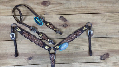 Western Leather Headstall and Breast Collar Tack Set Decorated with Flower Filigree Carving, Golden Rawhide Braiding, and 3 Tone Feather Hardware MOUSM