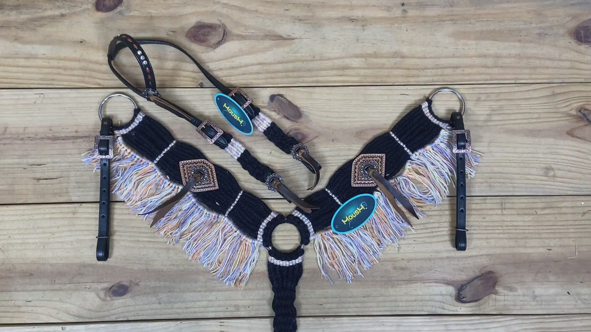 Black &amp; Beige Mohair Western One Ear Horse Tack Set