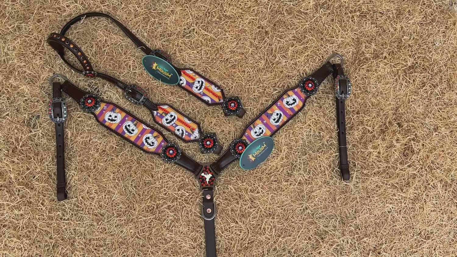 MOUSM Spooky Halloween Western Headstall &amp; Breast Collar Set – Made from Argentina Cow Leather with Laughing Pumpkin Print &amp; Rhinestone Conchos on Vibrant Striped Background