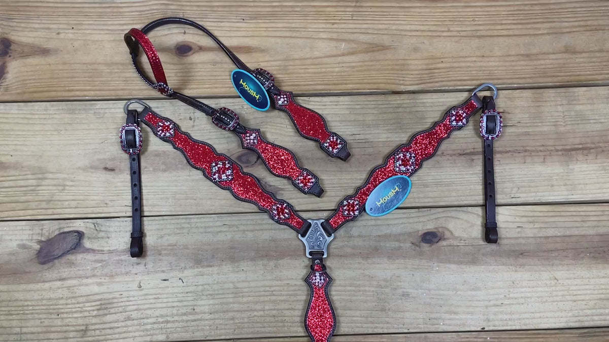Red Glitter Headstall Set, Silver Studs, Bling Rhinestone Conchos
