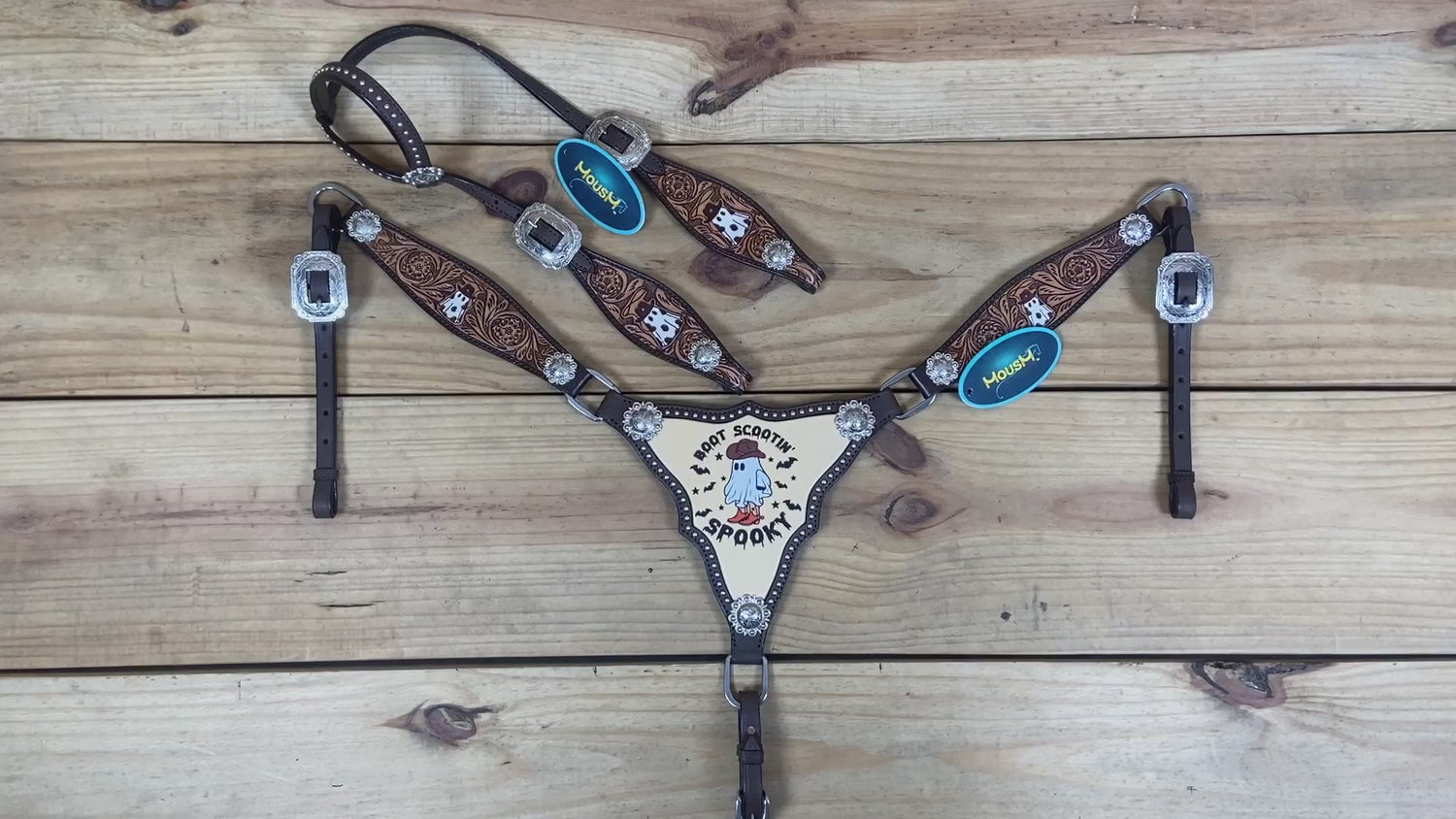 spooky boot scootin printed western breast collar set with one ear hand carved headstall design