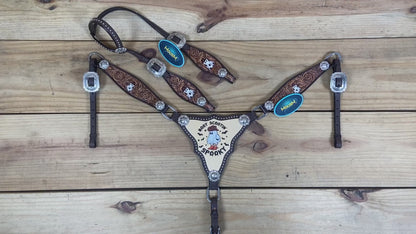 spooky boot scootin printed western breast collar set with one ear hand carved headstall design