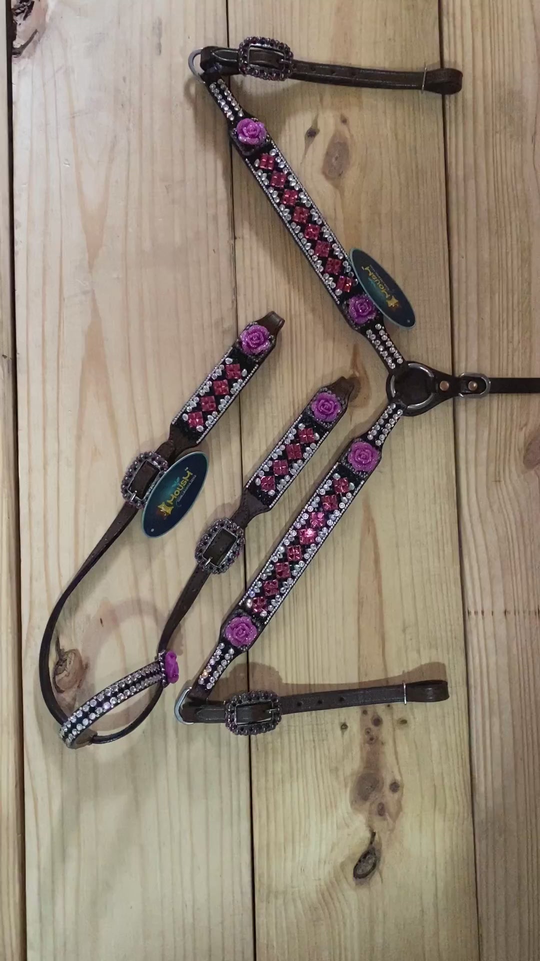 MOUSM Argentina Cow Leather Headstall &amp; Breast Collar Set – Western Horse Tack with 3D Pink Rose &amp; Full Rhinestone Work